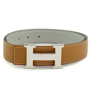 HERMES H Belt with Buckle, Reversible Leather, Light Brown and Gray, #75, Stamp